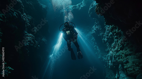 A man in a black wet suit is swimming in a dark cave