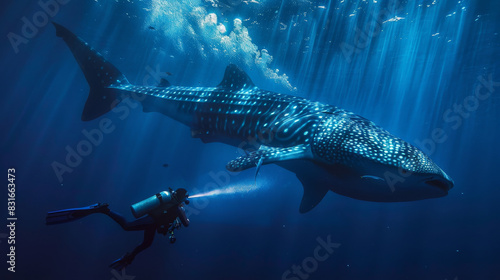 A man in a scuba suit is swimming with a whale in the ocean