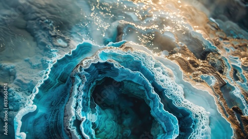 Minerals creating a shell over the vivid blue waters by a geyser viewed up close