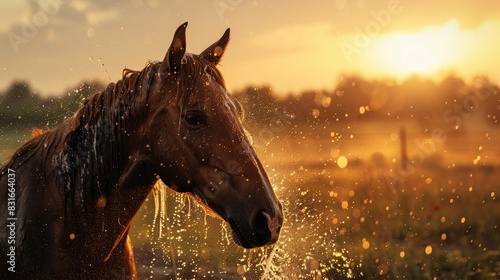Horse receiving a bath with water spraying on its face at sunset