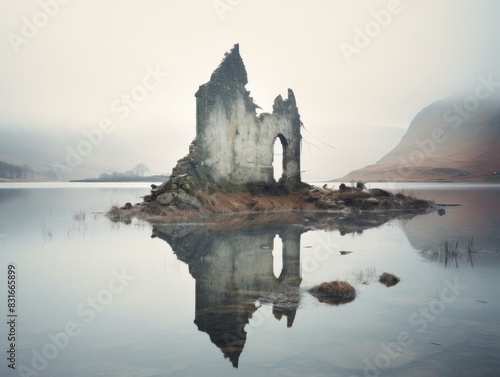 Sunlit Serenity Castle Ruins Mirrored in a Beautiful Loch.
