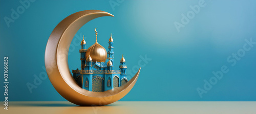 of the mosque decorated with the moon and golden stars, the light blue background separating it from the mosque making it stand out