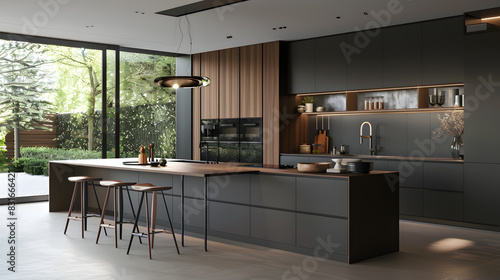 A modern kitchen with a black countertop and wooden cabinets
