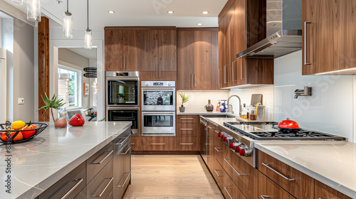 A large kitchen with a marble countertop and wooden cabinets