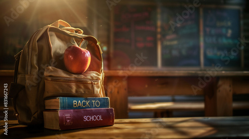 A warm classroom scene featuring a backpack with an apple on top, resting on a desk beside textbooks labeled "Back to School." The softly lit blackboard in the background creates a cozy