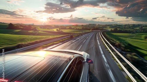 Solar panels on the roof of an electric car driving along highway with green field landscape at sunset. Green energy 