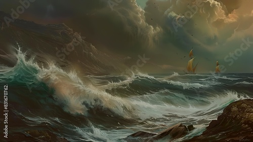 Stormy Seas: Dramatic ocean scenes with towering waves and stormy skies, perhaps with mythical figures or ships.