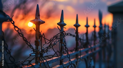 Rustic iron fence with barbed wire against a blurred city background at sunset. An intricate metal design for security and protection in an urban environment.