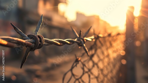 Rustic barbed wire fence on the street with a blurred background in the golden hour light. Aesthetics of urban life in an Indian city at sunset. Background for a design concept of care and security