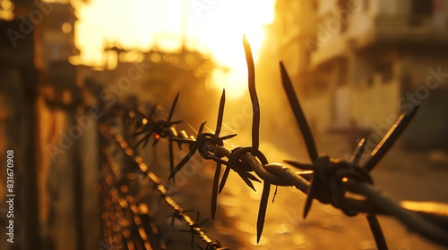 Rustic barbed wire fence on the street with a blurred background in the golden hour light. Aesthetics of urban life in an Indian city at sunset. Background for a design concept