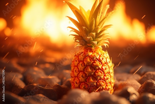 Sliced and half of Pineapple(Ananas comosus) on wooden table with blurred garden background.Sweet, and juicy taste Have a lot of fiber,vitamins C and minerals or healthcare concept , generative ai
