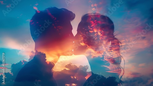 Double exposure of couple in love and sunset sky with colorful clouds. Silhouette portrait of young man and woman kissing, romantic concept. Love wallpaper for mobile phone. Valentine's day background