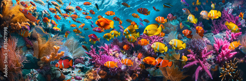 Tropical coral reef with diverse fish - A vivid underwater scene of a tropical coral reef bustling with colorful fish and marine life