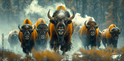 A group of bison charging on the ground during winter