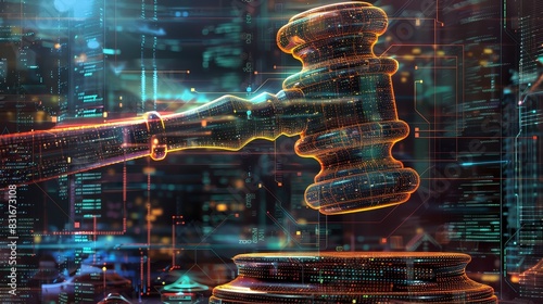 Illuminated gavel in digital environment - Conceptual image showing a glowing gavel imposed over a digital background, representing virtual law and justice