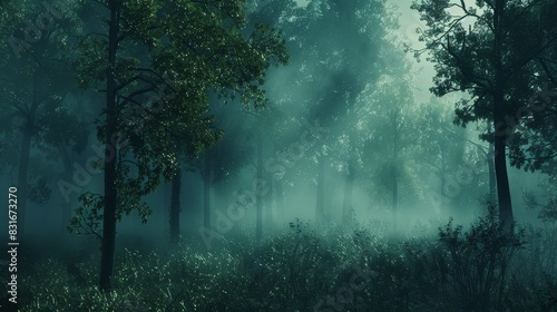 Mysterious forest with fog and light - Eerie fog envelops a forest, with light streaming through the trees creating a captivating and mysterious scene
