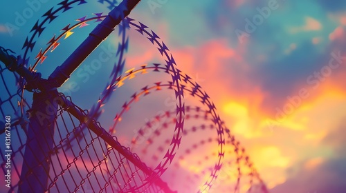 Barbed wire fence against a colorful sky at sunset, concept of border control and security.