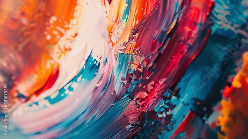 Colorful abstract scene with intricate brush strokes in bright reds, blues, and yellows, macro shot, soft focus, radiant lighting