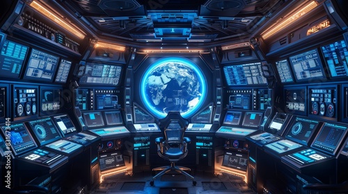 Futuristic spaceship command center design - Highly detailed control room of a spaceship with holographic Earth projection