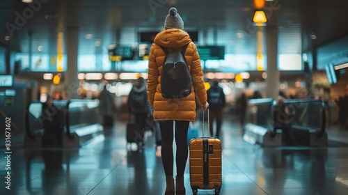 A woman is walking through an airport with a suitcase and a backpack.