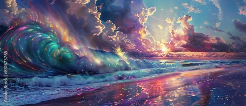 A fantastical beach scene with sand in shades of blue and purple