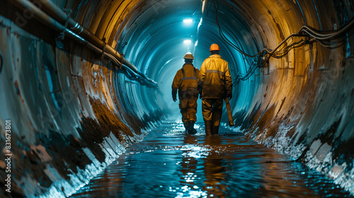 Sanitation workers working inside large underground drain pipe canal system.