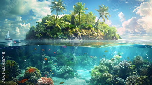 Tropical Island and Underwater Scene 