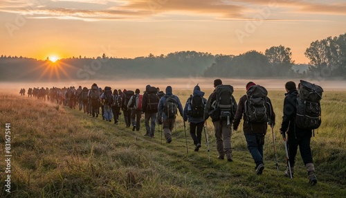 Pilgrims Embarking on a Dawn Journey with Sunrise Illuminating the Path - AI generated digital art