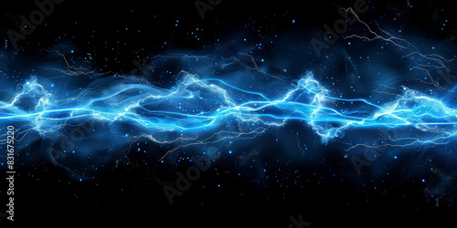 Powerful electric current with vibrant blue lightning bolts arcing across a dark background creating a sense of high energy and intensity with intricate patterns and glowing effects. 