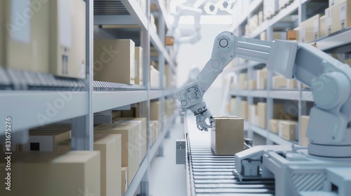 3D rendering of robotic arms unloading boxes from a conveyor belt in a warehouse with a white background. An industrial robot arm is putting the box on a shelf. A concept of hyper-realistic smart.