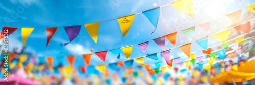 Vibrant outdoor festival scene with colorful triangular pennant flags strung across the frame under a clear blue sky, evoking a festive and joyous atmosphere