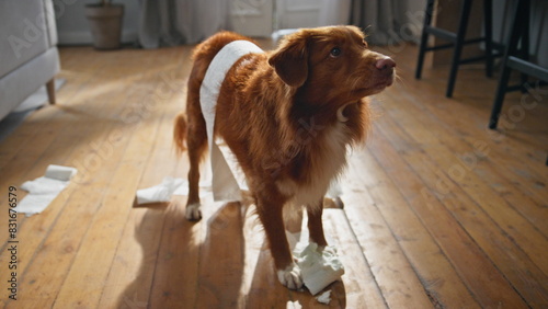 Cute dog making mess in living room close up. Naughty pet unrolling toilet paper