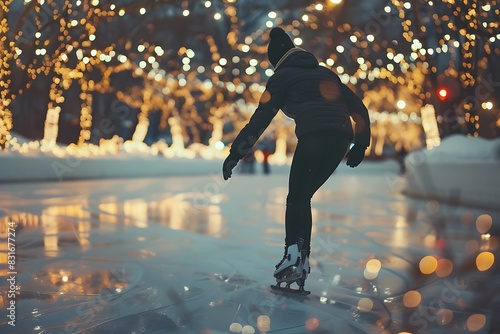 Speed skater carving graceful curves on a perfectly smooth ice rink under twinkling lights.