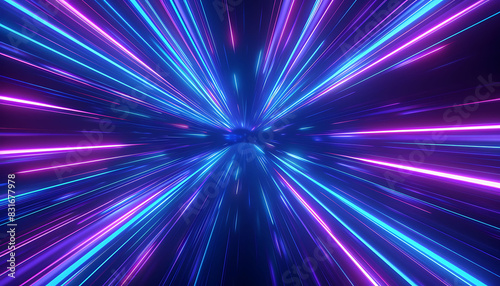 Photo realistic image of neon blue and purple light streaks creating a hyper-speed warp effect, radiating from the center in space