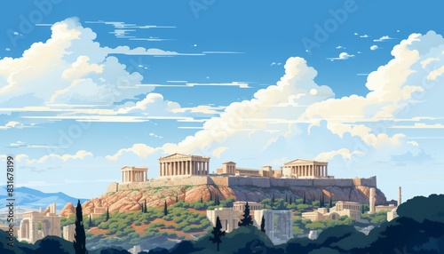 A picturesque view of the Acropolis in Athens, Greece, under a bright blue sky with puffy white clouds.