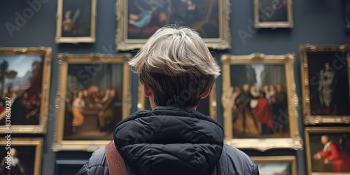 Back of an adult person looking at renaissance style paintings in an old museum art gallery