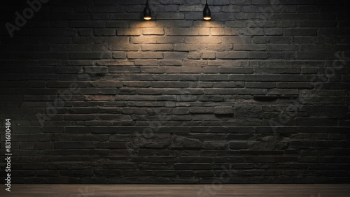 Subdued ambiance dark brick wall with hanging lights over polished wooden floor