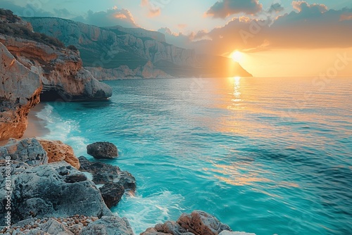 A serene Mediterranean sunrise peers over rugged cliffs by a tranquil sea, illuminating the waves and rocky shore in a picturesque setting