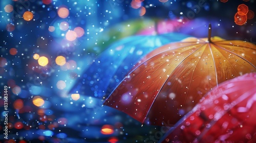 Colorful umbrellas in the rain with blurred lights in the background.