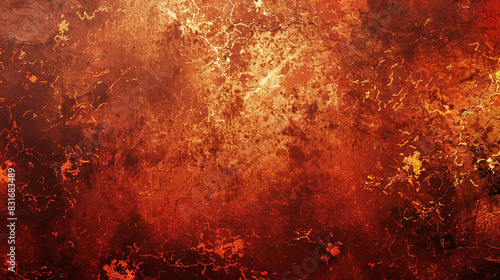 Fiery red brown burnt orange copper black abstract background. Geometric shape. Color gradient. 3d effect. Noise rough grungy grain. Neon light metallic. Design. Template.