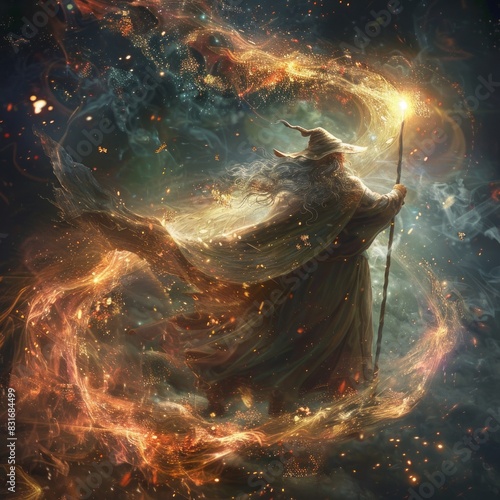 A magical sorcerer casting a spell, with energy swirling around their staff.