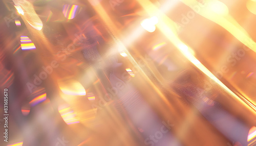 Abstract background with caustic light beams, beige tones, flare, and rainbow textures creating a shiny glare