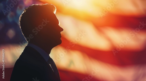 Silhouette of a person in front of an American flag with sunlight shining. Symbolizes patriotism, leadership, and national pride.
