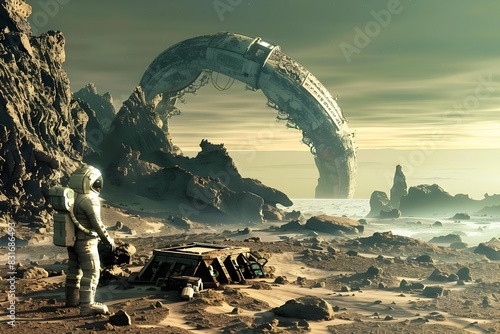 Lone Explorer Discovering Alien Artifact in Desolate Extraterrestrial Landscape