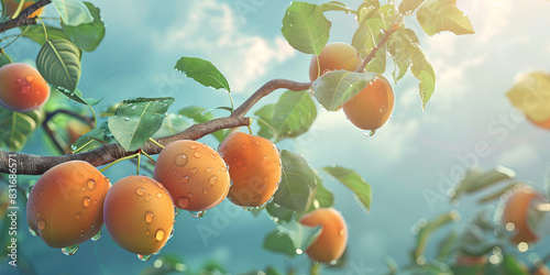 a bunch of fresh apricots hanging from the branch, water droplets on them, generative AI