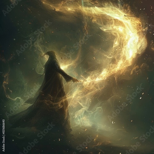A magical sorcerer casting a spell, with energy swirling around their staff.