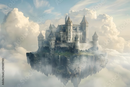 Majestic Floating Castle Amid Whimsical Clouds and Ethereal Skies