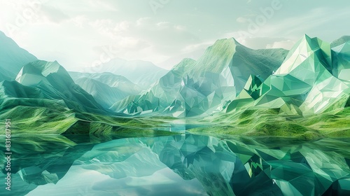 3D render of an abstract geometric landscape with sharp angular shapes, a green valley filled with intricate patterns and reflections