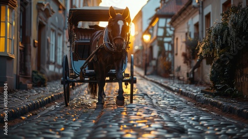Close-up, beautifully detailed horse carriage waiting on a cobblestone street in an old town, 8k, realistic, full ultra HD, high resolution and cinematic photograph