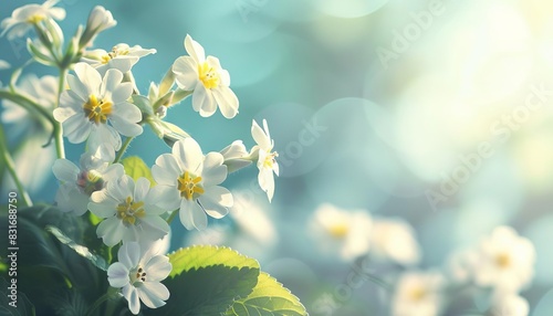 delicate white primroses blooming in spring forest blurred blue sky background floral nature illustration
